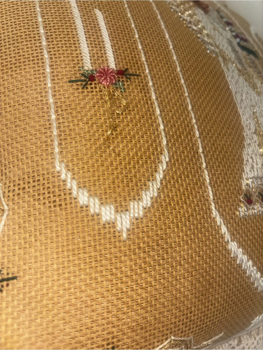 Vintage needlepoint lace and satin Noel pillow